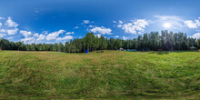 Full Seamless 360 Degree HDRI Spherical Panorama On A Large Spacious Green Field, Sunny Weather In The Forest, Glade In The Forest. VR Content