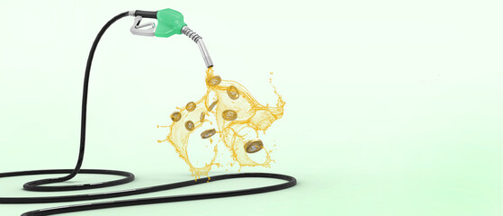 Oil price rising concept Gasoline and Gold coins flowing from the fuel pump nozzle for gass station and Energy Saving. fuel economy, Copy space, banner, website -3d Rendering