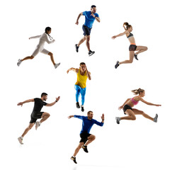 Wall Mural - Collage of different professional sportsmen, fit people in action and motion isolated on white background. Concept of sport, achievements, competition, championship.