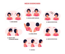 Neck Pain Exercises. Head Stretching Exercise Extension Muscles Arm Shoulder, Hand Exercice Relax Stretch, Flexible Body Bending, Info Treatment Poster, Garish Vector Illustration