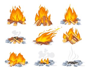 burning and extinct bonfire. forest heating bondfire, fireplace burn logs autumn cartoon campfire fl