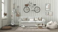 Scandinavian Living Room In White Tones, Striped Wallpaper, Sofa, Bicycle And Musical Instruments Hanging On The Wall, Concrete Floor Tiles, Carpet And Decors. Modern Interior Design