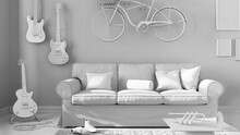 Total White Project Draft, Contemporary Living Room, Striped Wallpaper, Sofa, Bicycle And Musical Instruments Hanging On The Wall, Floor Tiles, Carpet, Table. Modern Interior Design