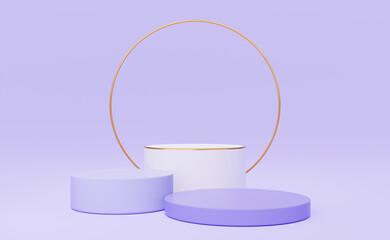 Wall Mural - 3d white cylinder podium with gold border and copper circle on purple background. Empty pedestal mockup space for display product design. Abstract minimal studio geometric shape object. 3d rendering.