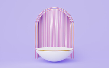 Wall Mural - 3d white half sphere podium with gold border on purple arch, pink curtain background. Empty pedestal mockup space for display product design. Abstract minimal studio geometric shape object. 3d render.