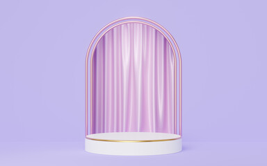 Wall Mural - 3d white cylinder podium with gold border on purple arch, pink curtain background. Empty pedestal mockup space for display product design. Abstract minimal studio geometric shape object. 3d rendering.