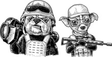 Dogs Soldiers Holds An Anti-tank Grenade Launcher And Submachine Gun. Vector Hand Drawn Black Vintage Engraving.