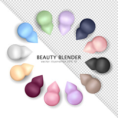 Wall Mural - Colorful beauty blenders in circle. Realistic colorful three dimensional makeup sponges isolated on white and transparent background. Cosmetic items for blending foundation, concealer, blush, etc. 