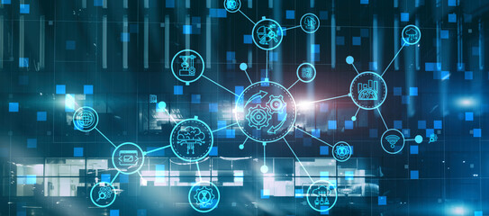 RPA. Robotic Process Automation on modern city abstract background