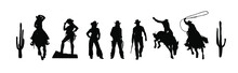 Wild West Silhouettes - Cowboys, Cowgirls, Cactus. Western Traditional Elements. Vector Art Black And White Illustrations Isolated On White Background.