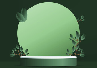 Green podium for products on green background and leaf decoration Abstract vector