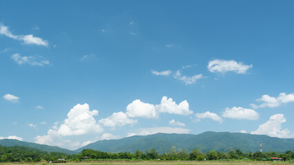 Wall Mural - the white clouds have a quaint and rural shape. the sky is cloudy and blue