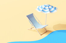 Beach Umbrella With Chairs On Paper Beach. Summer Vacation Concept. 3d Rendering