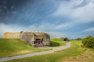 France, normandy landscapes, Beautiful Normandy's coastline on a cloudy day, remnants of German bunkers.