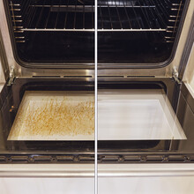 Dirty And Clean Oven, Before And After Cleaning And Washing The Stove Glass. Washed Grease On The Oven Window Door, Collage
