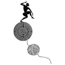 Naked Ancient Greek Young Man Dancing On Top Of A Round Spiral Maze Or Labyrinth Symbol And A Yarn Ball. Theseus. Ariadne Thread. Creative Mythological Concept. Black And White Silhouette.
