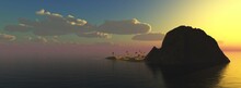 Seascape, Rock In The Sea At Sunset, Clouds In The Sky Above The Water Surface, Rocky Island In The Waters Of The Ocean, 3d Rendering