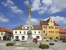 The Main Square And Marian Column. Horazdovice Is A Town In The Plzen Region Of The Czech Republic. It Lies On The Otava River.