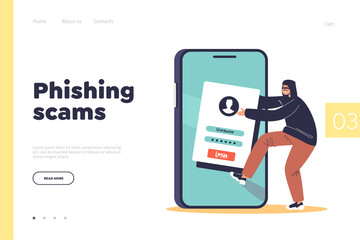 Phishing scams concept of landing page with cyber criminal stealing personal information from phone