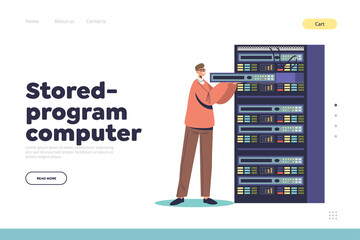 Stored program computer concept of landing page with service administrator working in server room