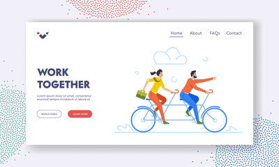 Wall Mural - Colleagues Work Together Landing Page Template. Business Team Riding Bike to Goal and Success Achievement