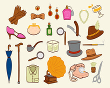 Elements Of Nineteenth Century, Items, Retro Clothes And Vintage Accessories Set
