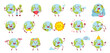 Set of cartoon earth planet mascot with different emotions, with sun, holding love heart, relaxed