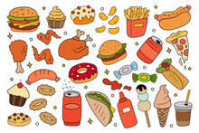 Fast Food Doodle Set. Hand Drawn Cartoon Fastfood Set. Burger, French Fries, Sweet Food And Drinks