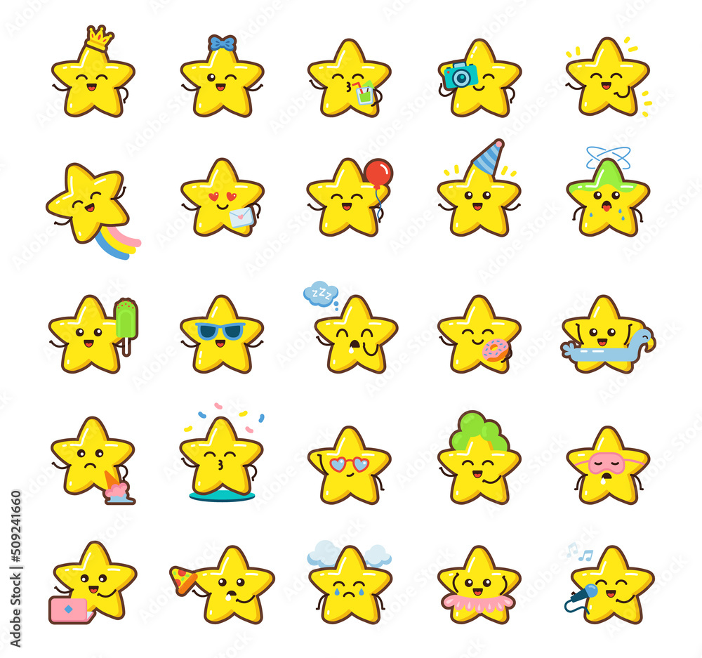 Cartoon kawaii stars set. Cute yellow stars emoji elements icons ...