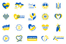 Stand with Ukraine stickers set. Badges in blue and yellow with no war, support UA and save Ukraine