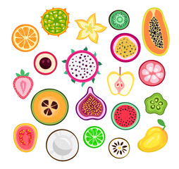 Exotic fruits slices set. Lychee, passion fruit, feijoa, longan, papaya, guava, fig, mango, pitaya