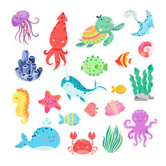 Wall Mural - Cute underwater animals, fish, seahorse, jellyfish and octopus. Cartoon set of marine characters