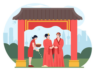 Wall Mural - Chinese wedding traditional ceremony. Bride and groom in bright