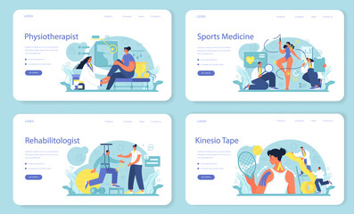  Sports medicine web banner or landing page set. Doctor helping