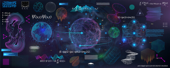 Wall Mural - Science elements and geometric shapes, spheres. Quantum Mechanics, curvature of spacetime in a gravitational field, formula and elements from theoretical physics. Quantum Mechanics shapes, elements.