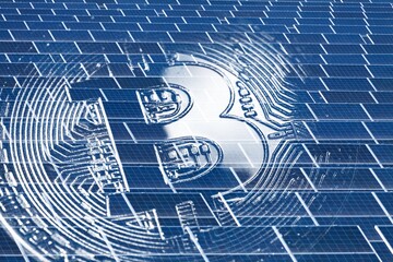 Wall Mural - Large solar farms with bitcoins clean renewable energy from the sun, energy bitcoin mining concept