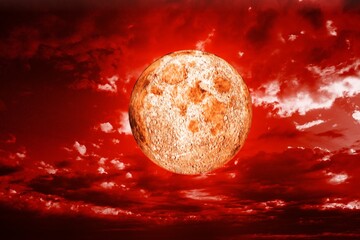 Canvas Print - Blood Moon real full blood moon in black sky with cloud.