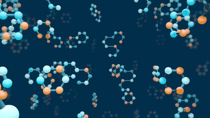 Group of molecules with a hexagon structure with blue and orange spheres floating on a dark blue background. 3d Illustration