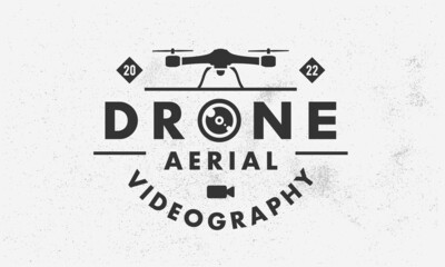 Wall Mural - Drone, UAV videography logo, poster. Drone trendy logo with drone and video camera icons. Vector emblem template.