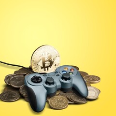 Crypto gaming. Play for earn concept. Video game controller joystick with focus on a bitcoin cryptocurrency coin