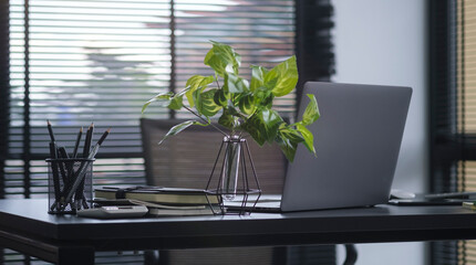Wall Mural - Contemporary workplace with computer laptop, coffee cup, financial document and potted plant.