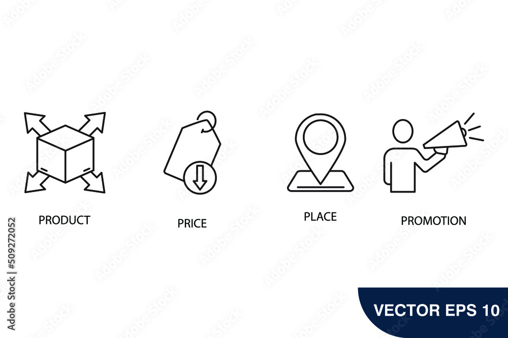 4P marketing mix icons set . 4P marketing mix pack symbol vector ...
