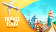 Travel worldwide vector concept design. Travel and tour text with 3d airplane and international destination landmark for explore the world travelling places. Vector illustration.
