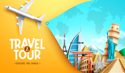 travel worldwide vector concept design. travel and tour text with 3d airplane and international dest