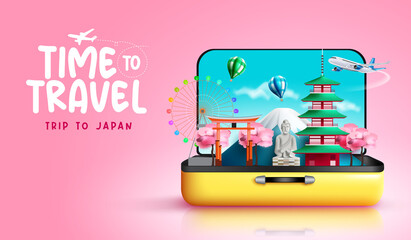Wall Mural - travel japan vector design. travel time trip to japan text with country landmark, structure, nature 