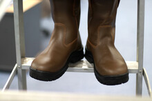 Brown Leather Safety Boots To Protect The Feet Of The Workers