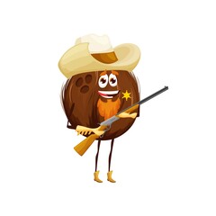 Sticker - Cartoon coconut sheriff character, funny vector coco nut ranger with riffle wear cowboy hat, star badge and boots. Wild west police hero, tropical plant, western personage with beard