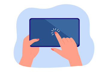 Wall Mural - female hand holding tablet and tapping screen. person touching mobile device with finger flat vector