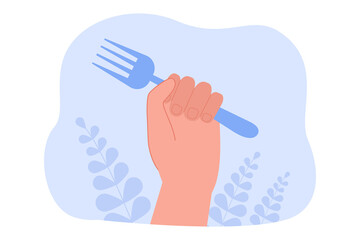 Wall Mural - fork in human hand flat vector illustration. person getting ready to eat dinner or enjoy meal. food,