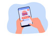 © Bro Vector - Phone with food ordering app on screen flat vector illustration. Person ordering fast food online, using smartphone application. Food delivery concept for banner, website design or landing web page